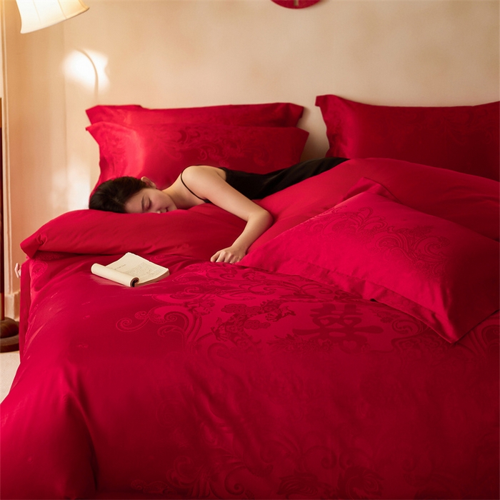 91家纺网 家纺一手货源 找家纺 红番天婚庆 2025新款小红书热卖款仿丝棉提花时尚婚庆系列四件套多件套 禧妆