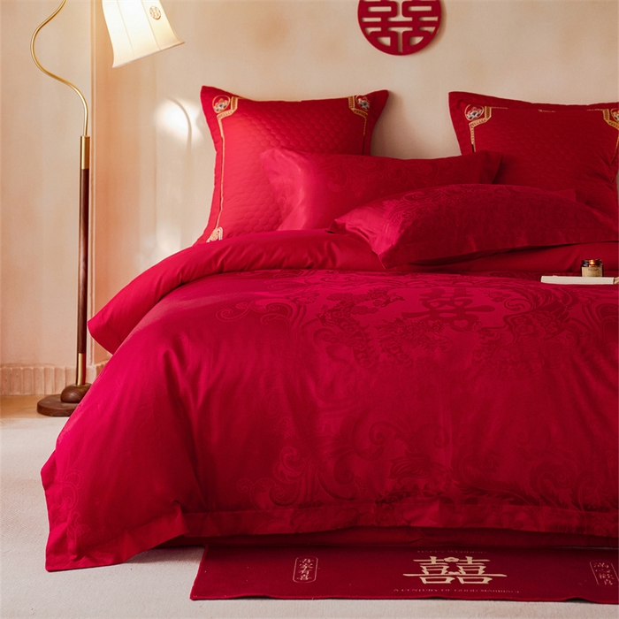 91家纺网 家纺一手货源 找家纺 红番天婚庆 2025新款小红书热卖款仿丝棉提花时尚婚庆系列四件套多件套 禧妆