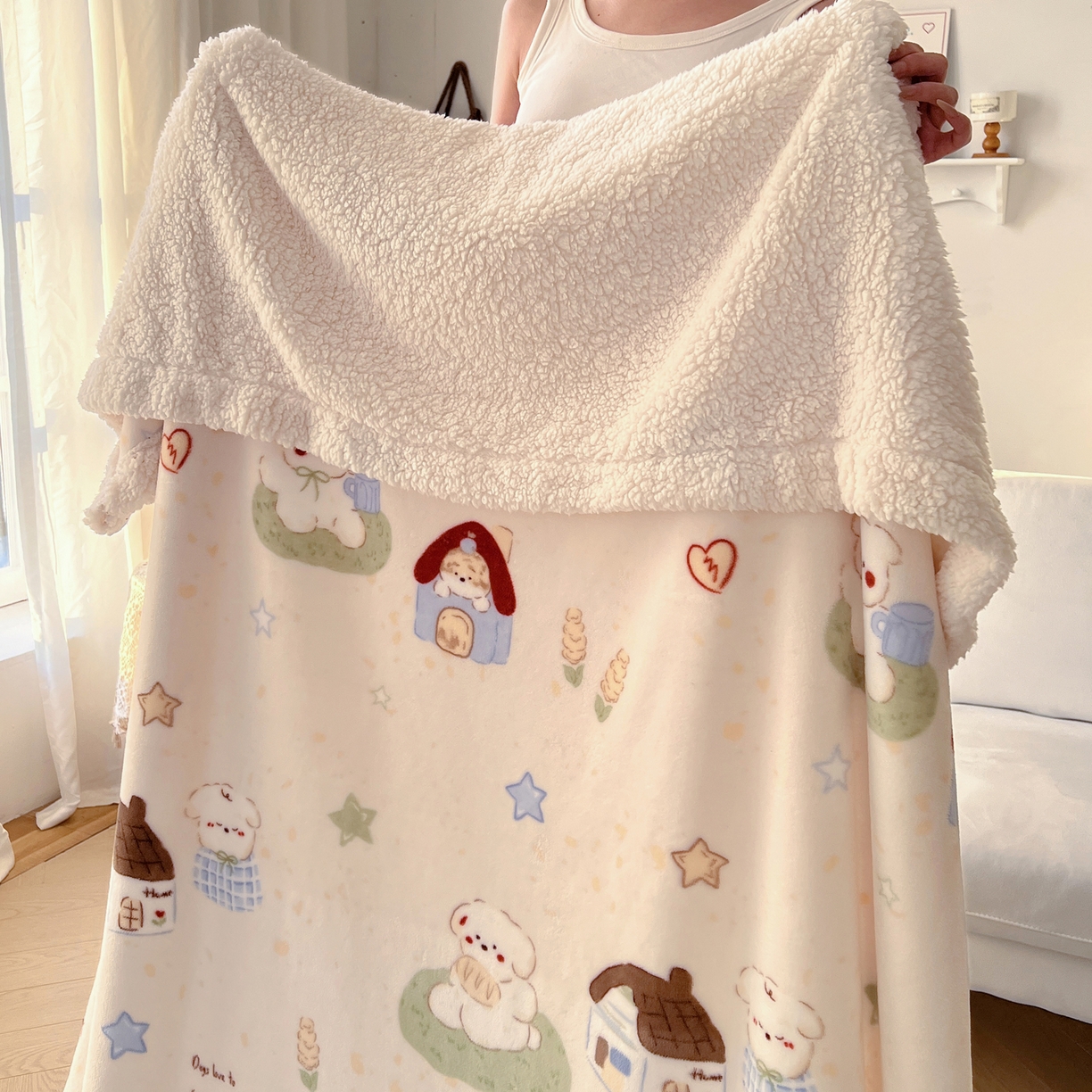 91家纺网 家纺一手货源 找家纺 耀悦家纺 2025新款高克重拉链多用羊羔绒毛毯牛奶绒抱枕枕芯 萌宠的田园生活