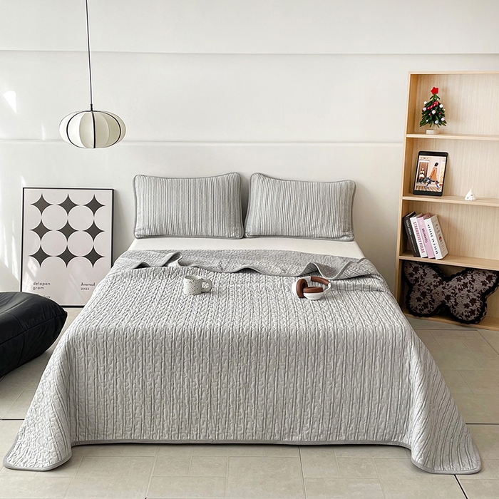 金绣美居 2025新款全棉婴儿绒包边款四季盖毯可铺可盖高温水洗毯床盖三件套 简约线条