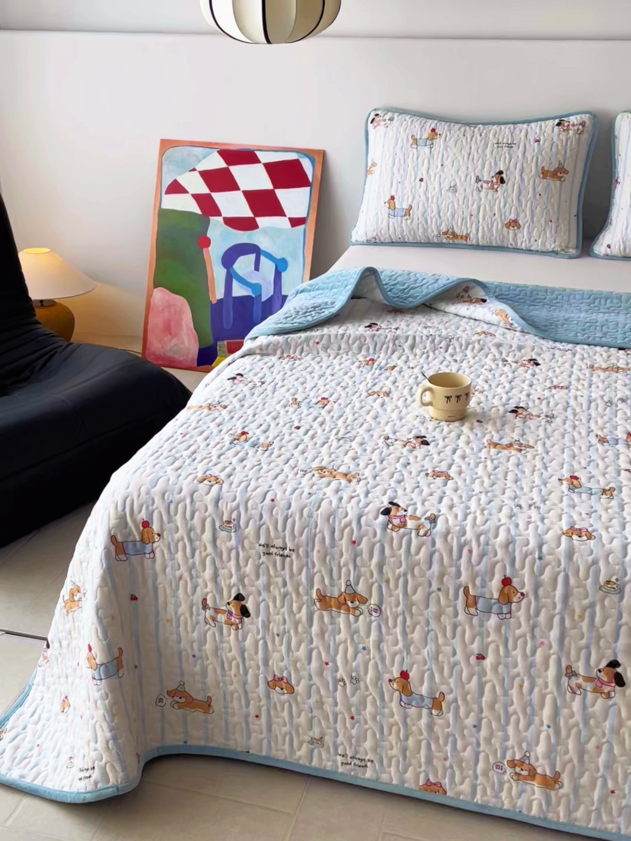 91家纺网 家纺一手货源 找家纺 金绣美居 2025新款全棉婴儿绒包边款四季盖毯可铺可盖高温水洗毯床盖三件套 糖纸童年