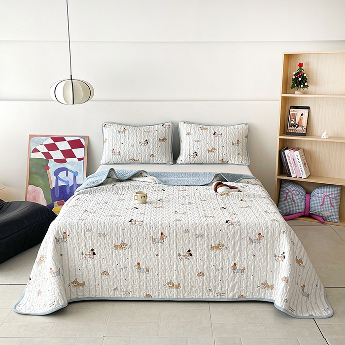 91家纺网 家纺一手货源 找家纺 （总）金绣美居 2025新款全棉婴儿绒包边款四季盖毯可铺可盖高温水洗毯床盖三件套