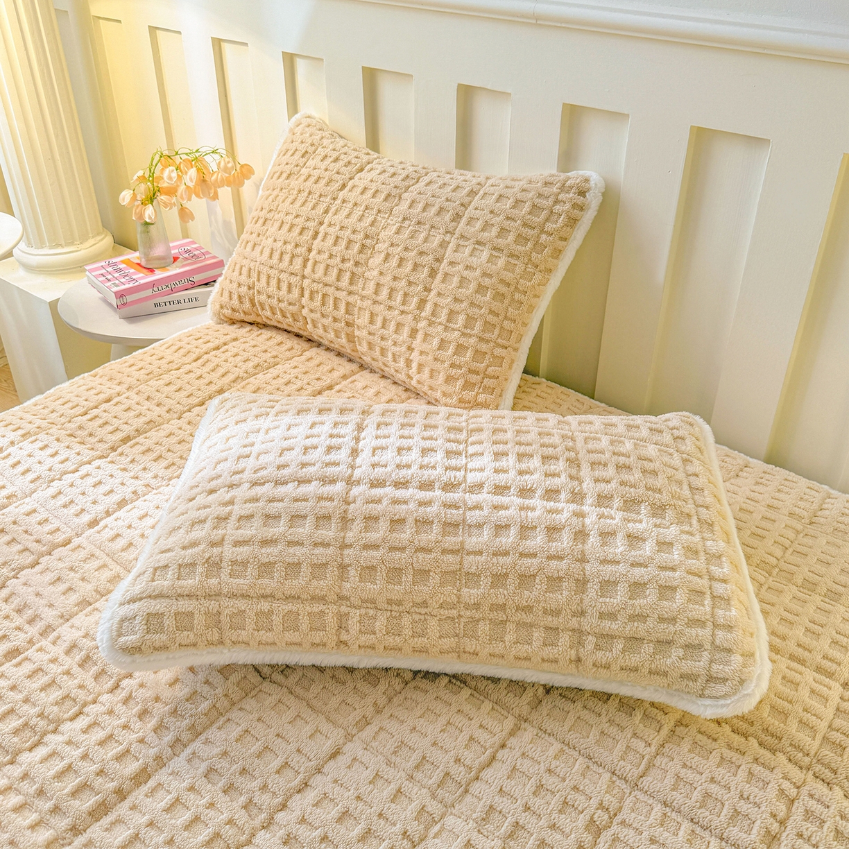 91家纺网 家纺一手货源 找家纺 予梦家纺 2025新款塔芙绒夹棉床笠单床笠 星梦格 卡其