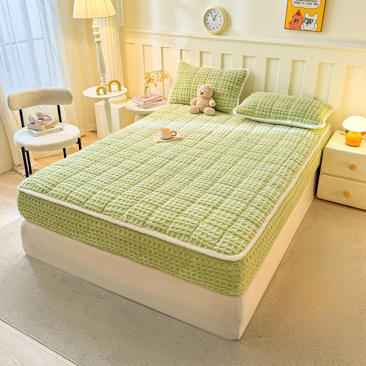 91家纺网 家纺一手货源 找家纺 予梦家纺 2025新款塔芙绒夹棉床笠单床笠 星梦格 果绿