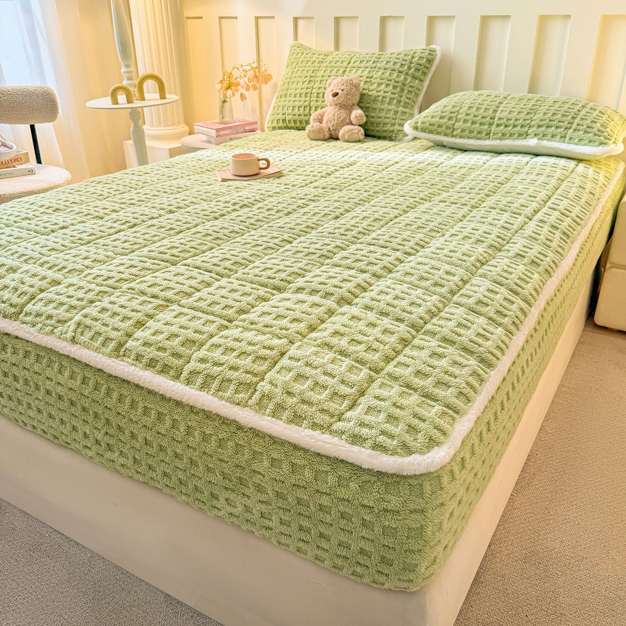 91家纺网 家纺一手货源 找家纺 予梦家纺 2025新款塔芙绒夹棉床笠单床笠 星梦格 果绿