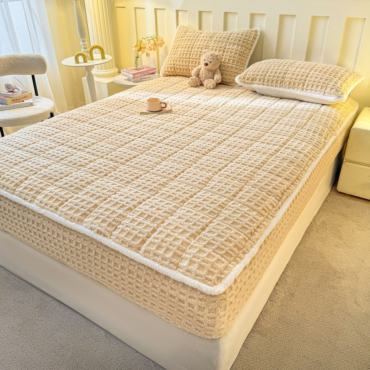 91家纺网 家纺一手货源 找家纺 予梦家纺 2025新款塔芙绒夹棉床笠单床笠 星梦格 卡其