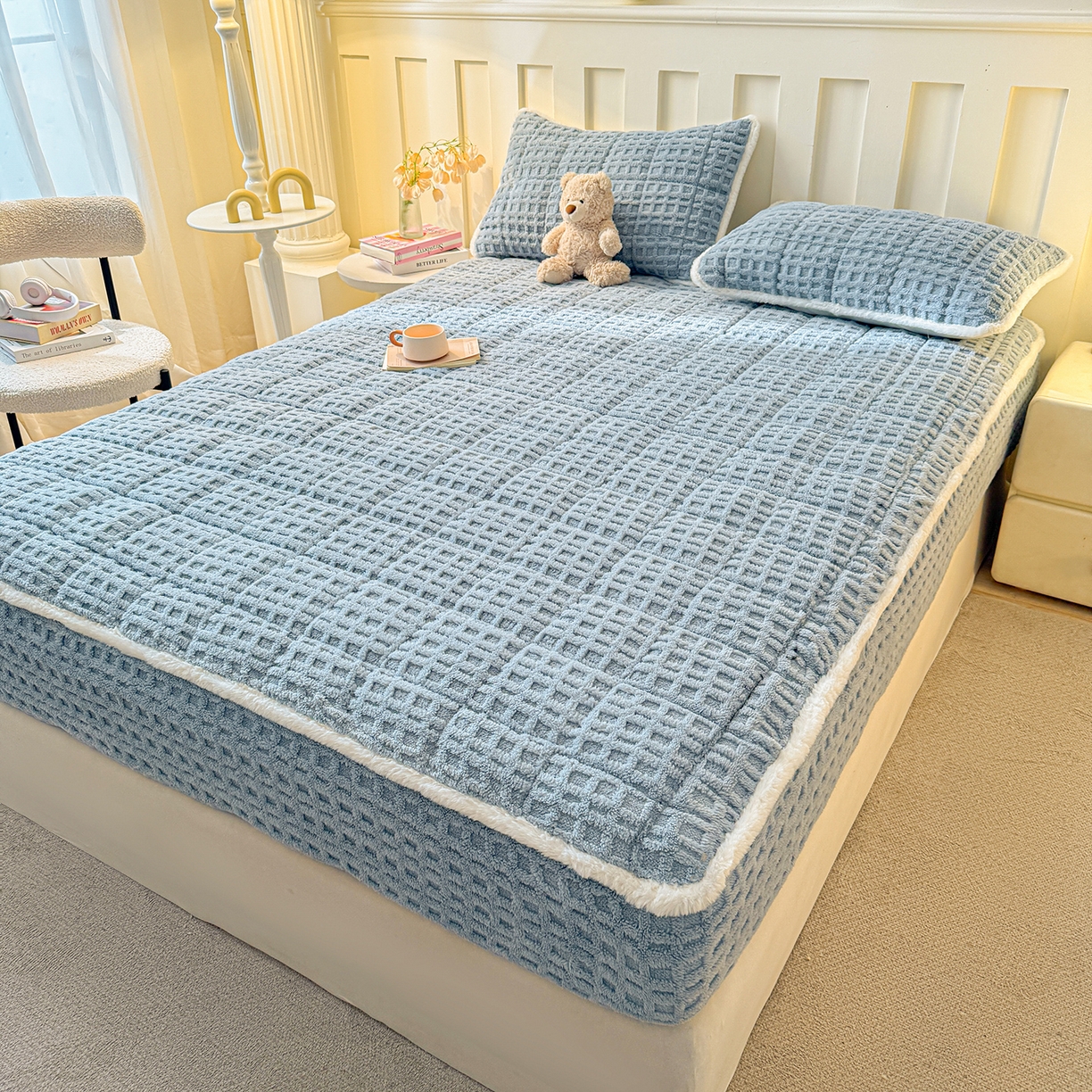 91家纺网 家纺一手货源 找家纺 予梦家纺 2025新款塔芙绒夹棉床笠单床笠 星梦格 苍蓝