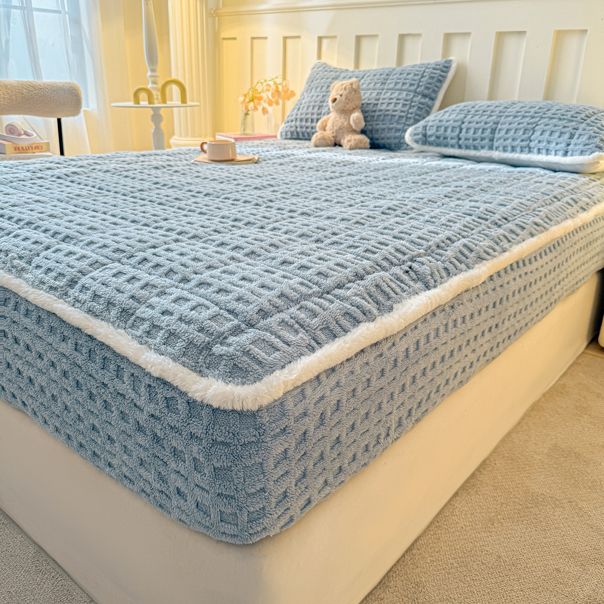 91家纺网 家纺一手货源 找家纺 予梦家纺 2025新款塔芙绒夹棉床笠单床笠 星梦格 苍蓝