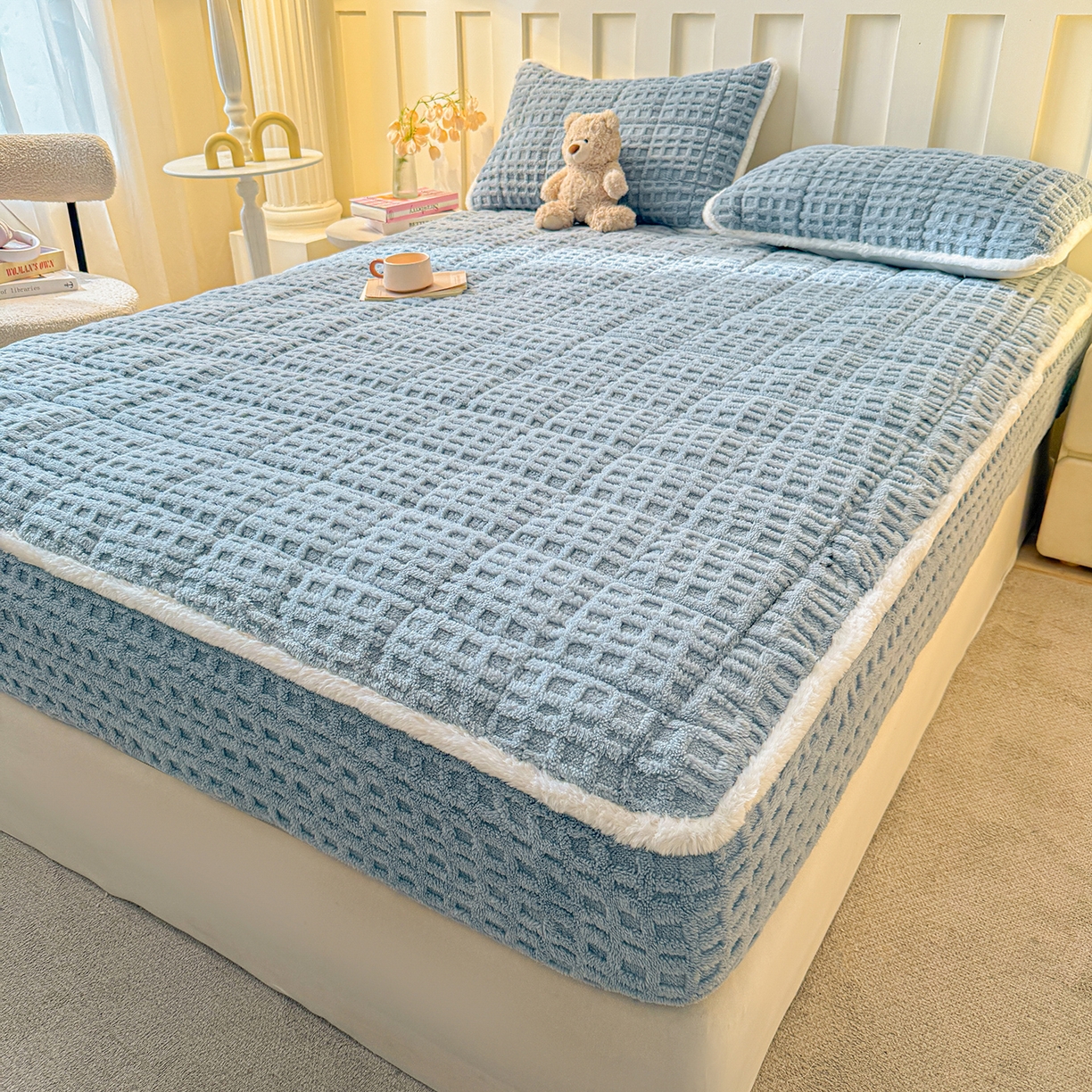 91家纺网 家纺一手货源 找家纺 予梦家纺 2025新款塔芙绒夹棉床笠单床笠 星梦格 苍蓝