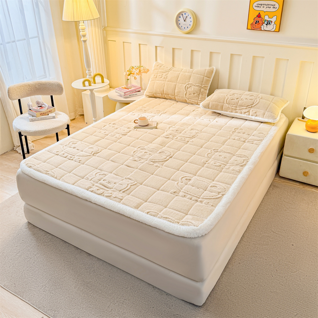 91家纺网 家纺一手货源 找家纺 予梦家纺 2025新款塔芙绒床护垫床垫保护套 萌萌熊 卡其