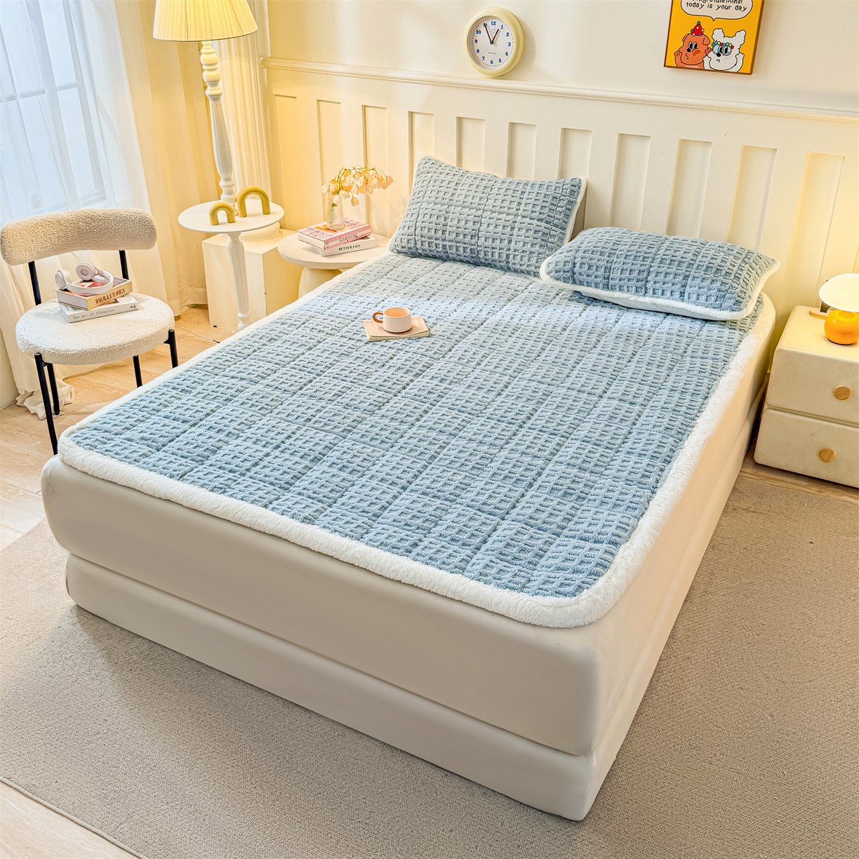 91家纺网 家纺一手货源 找家纺 予梦家纺 2025新款塔芙绒床护垫床垫保护套 星梦格 苍蓝