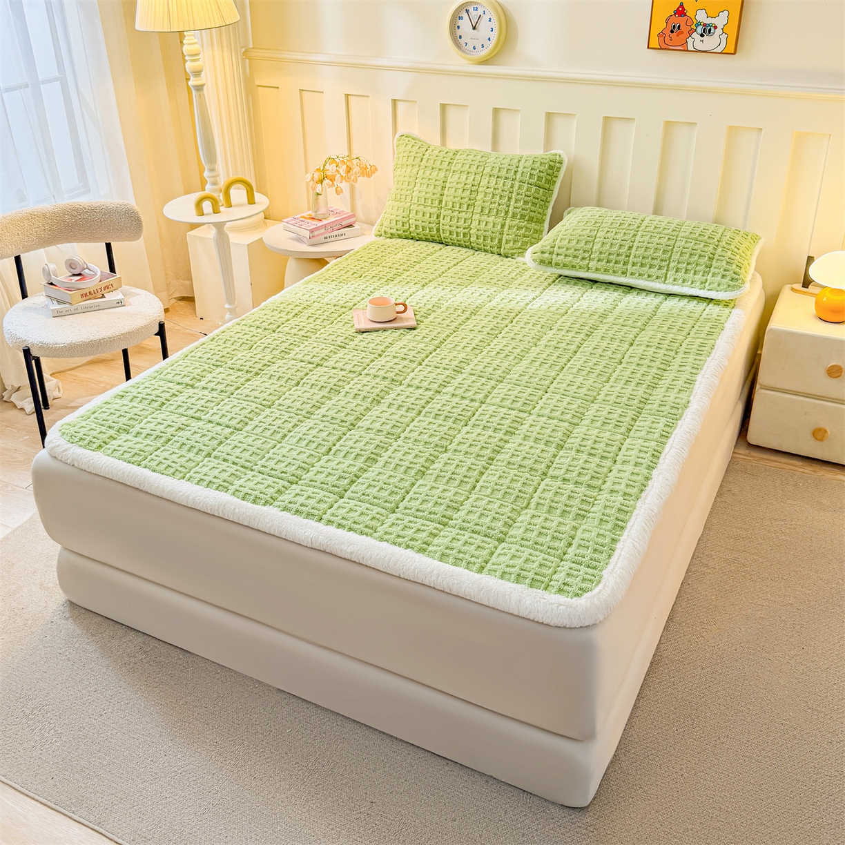 91家纺网 家纺一手货源 找家纺 予梦家纺 2025新款塔芙绒床护垫床垫保护套 星梦格 果绿