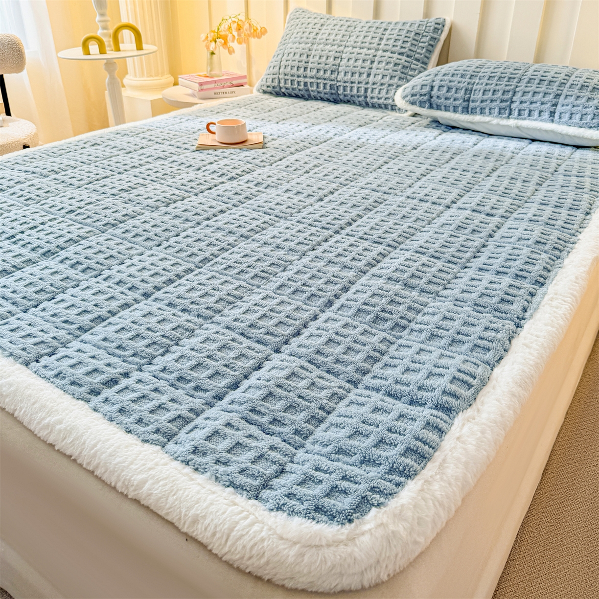 91家纺网 家纺一手货源 找家纺 予梦家纺 2025新款塔芙绒床护垫床垫保护套 星梦格 苍蓝