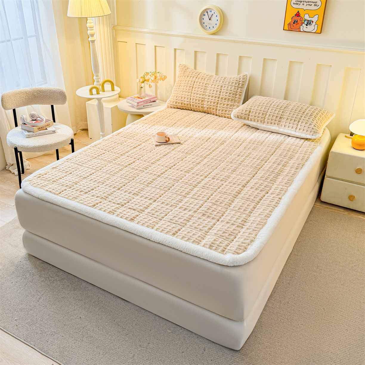 91家纺网 家纺一手货源 找家纺 予梦家纺 2025新款塔芙绒床护垫床垫保护套 星梦格 卡其