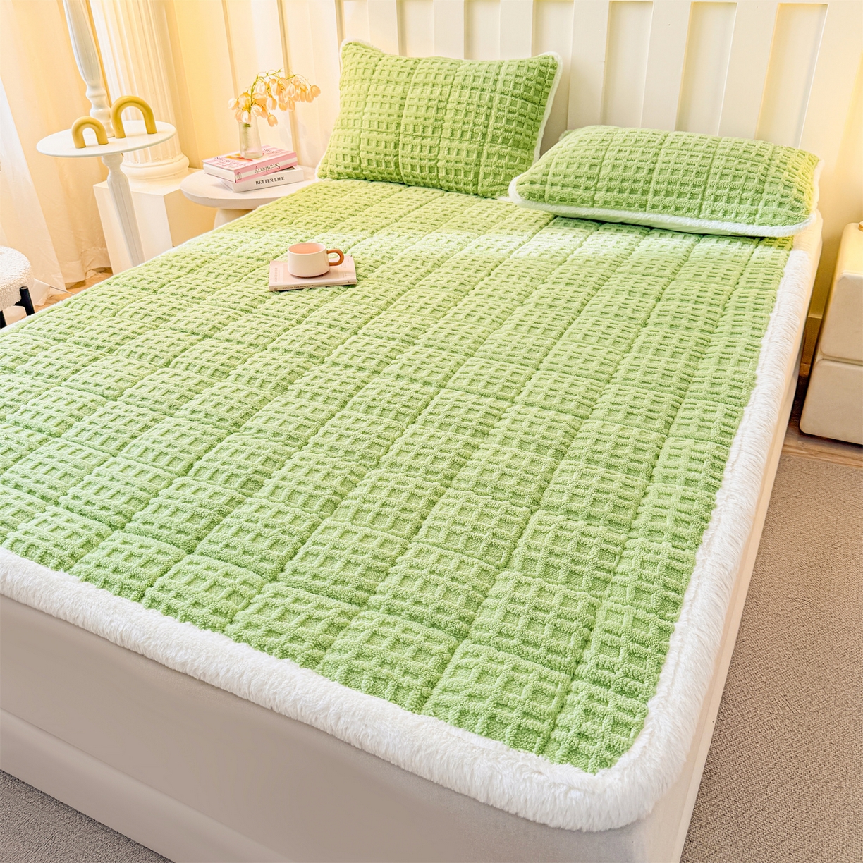 91家纺网 家纺一手货源 找家纺 予梦家纺 2025新款塔芙绒床护垫床垫保护套 星梦格 果绿