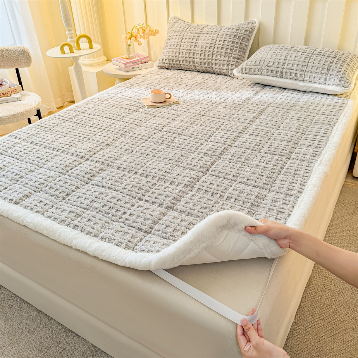 91家纺网 家纺一手货源 找家纺 予梦家纺 2025新款塔芙绒床护垫床垫保护套 星梦格 星灰