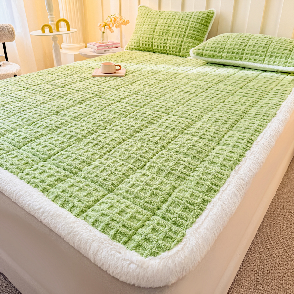 91家纺网 家纺一手货源 找家纺 予梦家纺 2025新款塔芙绒床护垫床垫保护套 星梦格 果绿