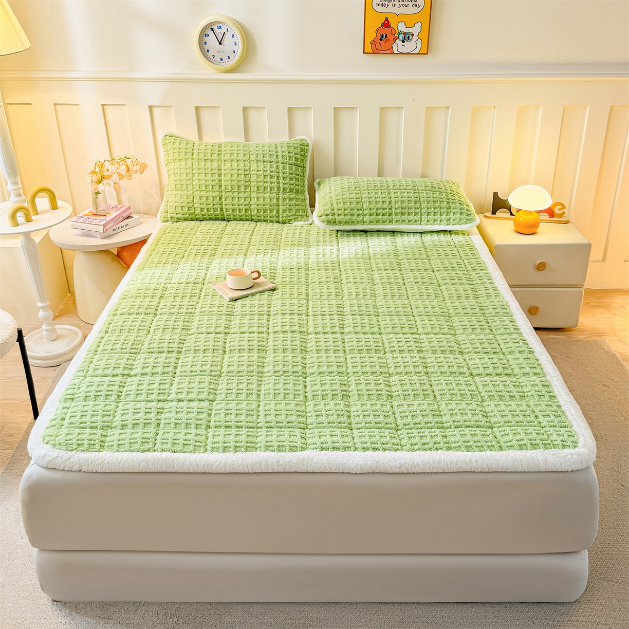 91家纺网 家纺一手货源 找家纺 予梦家纺 2025新款塔芙绒床护垫床垫保护套 星梦格 果绿