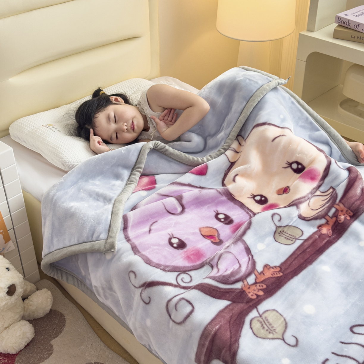 91家纺网 家纺一手货源 找家纺 爱彼家纺 2025冬季新款拉舍尔童毯毛毯毯子-系列二 拉舍尔童毯-小小公主03绿灰