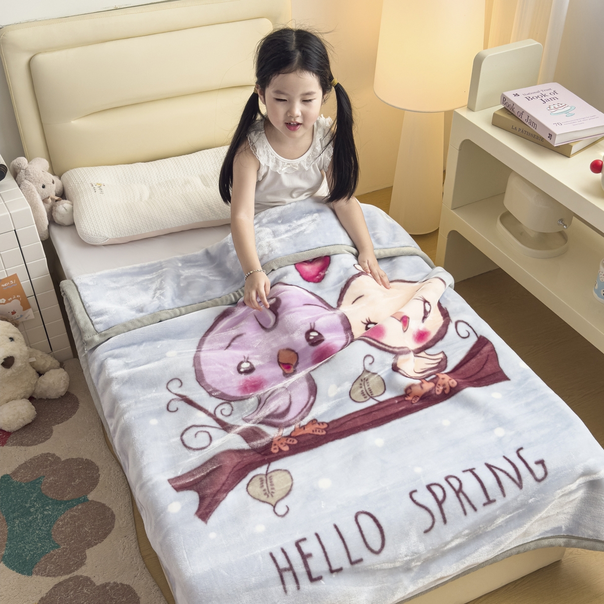 91家纺网 家纺一手货源 找家纺 爱彼家纺 2025冬季新款拉舍尔童毯毛毯毯子-系列二 拉舍尔童毯-小小公主03绿灰