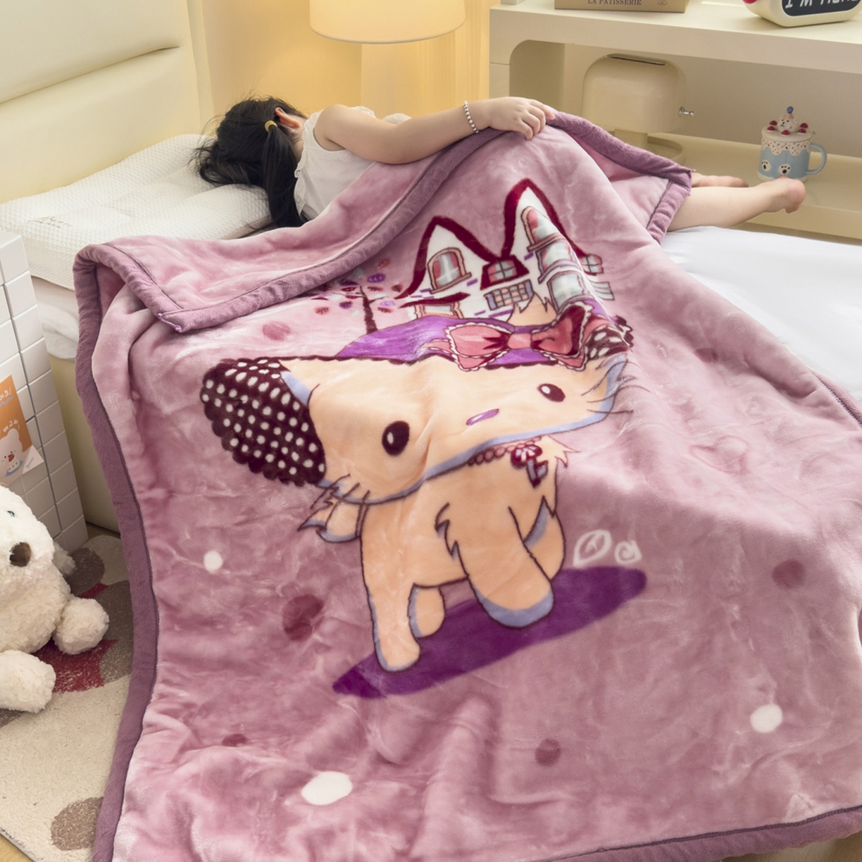 91家纺网 家纺一手货源 找家纺 爱彼家纺 2025冬季新款拉舍尔童毯毛毯毯子-系列二 拉舍尔童毯-kt猫紫