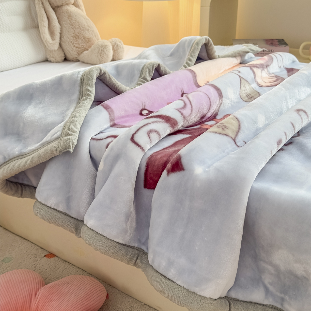 91家纺网 家纺一手货源 找家纺 爱彼家纺 2025冬季新款拉舍尔童毯毛毯毯子-系列二 拉舍尔童毯-小小公主03绿灰