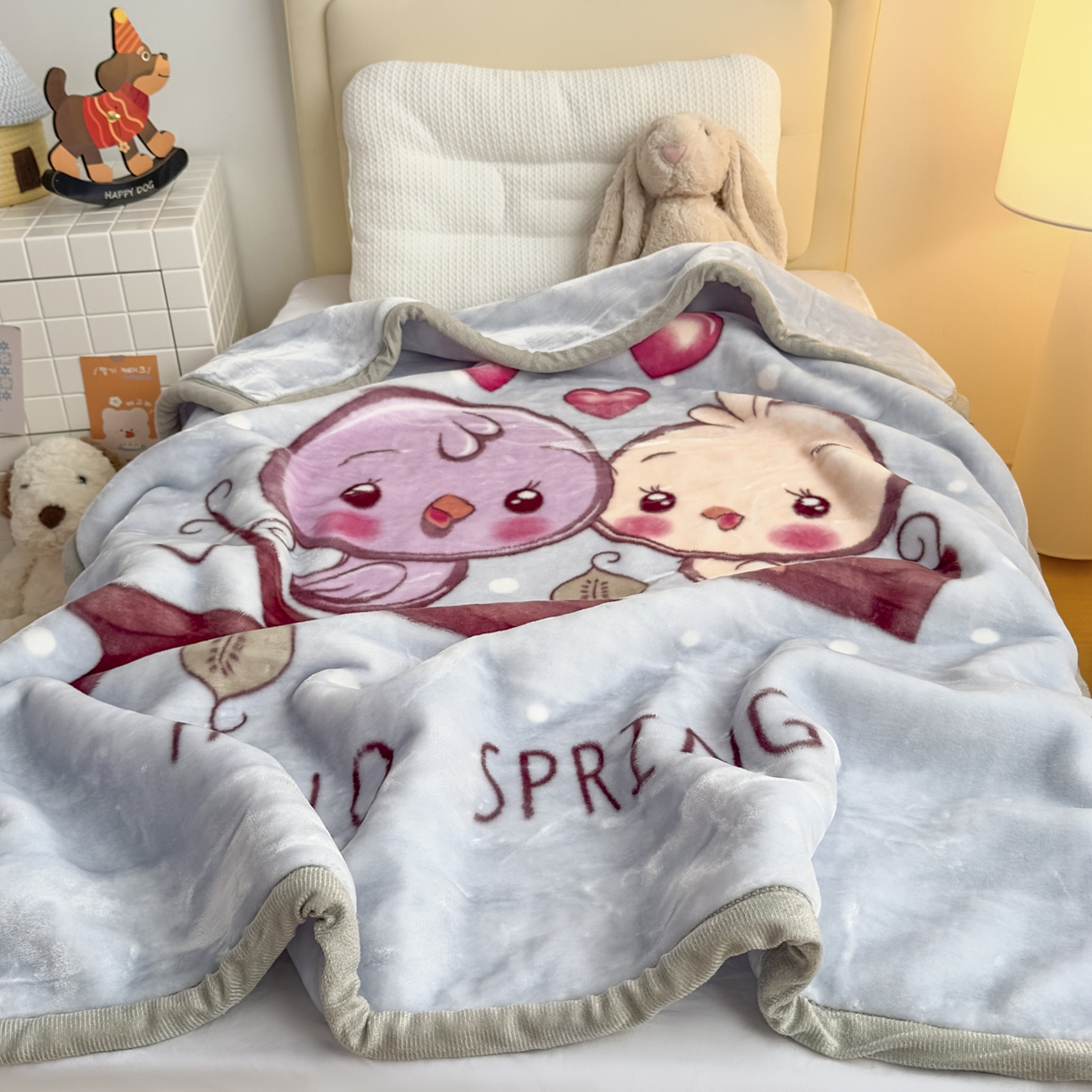 91家纺网 家纺一手货源 找家纺 爱彼家纺 2025冬季新款拉舍尔童毯毛毯毯子-系列二 拉舍尔童毯-小小公主03绿灰