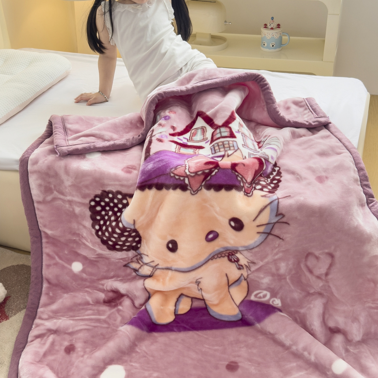 91家纺网 家纺一手货源 找家纺 爱彼家纺 2025冬季新款拉舍尔童毯毛毯毯子-系列二 拉舍尔童毯-kt猫紫