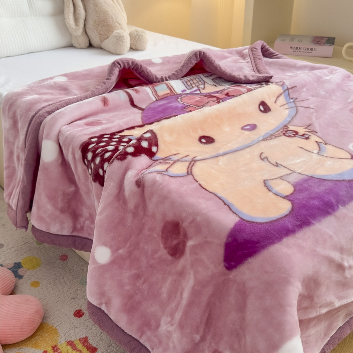 91家纺网 家纺一手货源 找家纺 爱彼家纺 2025冬季新款拉舍尔童毯毛毯毯子-系列二 拉舍尔童毯-kt猫紫