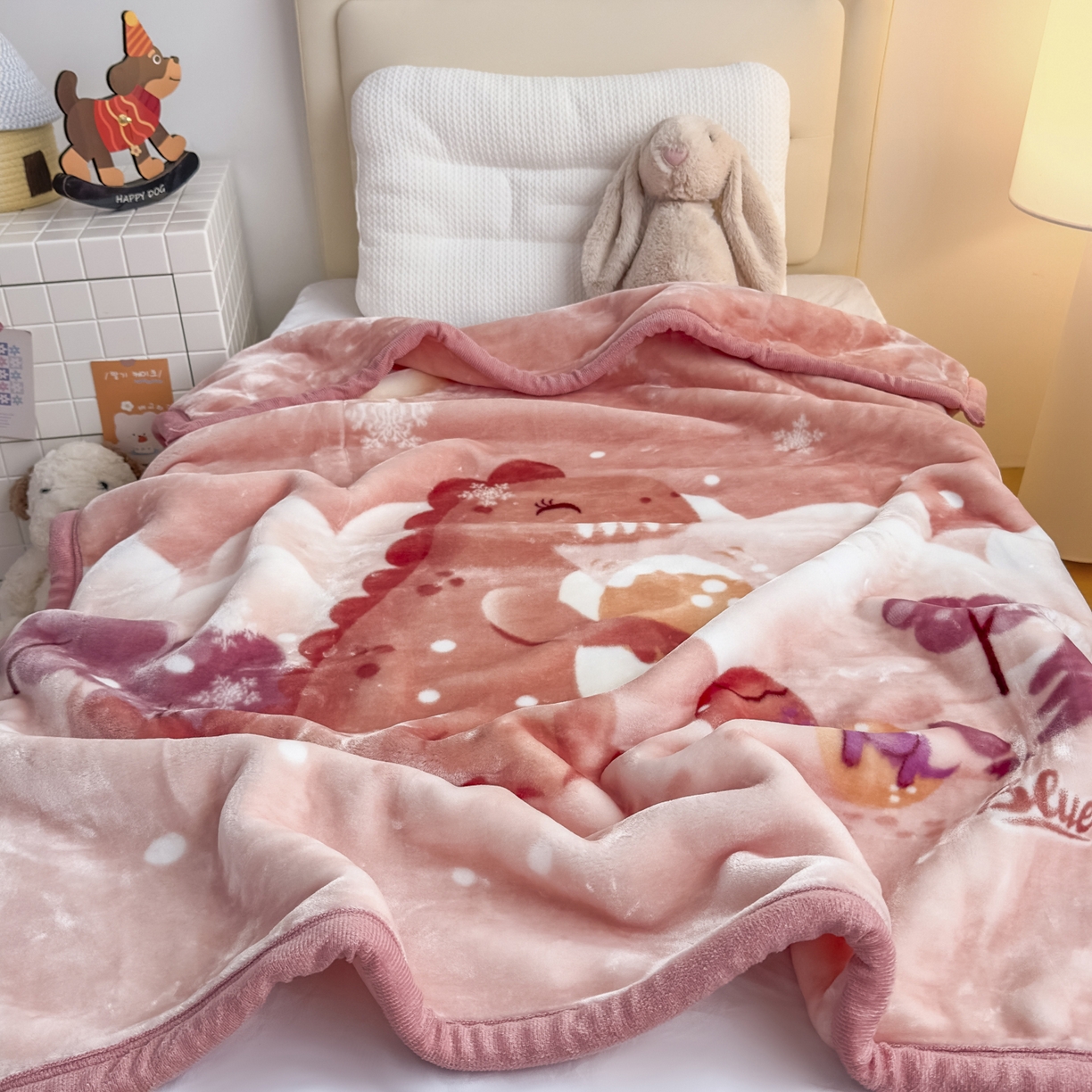 91家纺网 家纺一手货源 找家纺 爱彼家纺 2025冬季新款拉舍尔童毯毛毯毯子-系列二 拉舍尔童毯-冰雪恐龙09肉驼