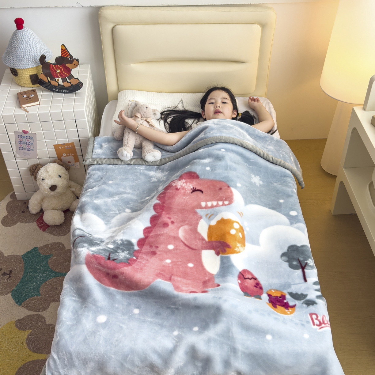 91家纺网 家纺一手货源 找家纺 爱彼家纺 2025冬季新款拉舍尔童毯毛毯毯子-系列二 拉舍尔童毯-冰雪恐龙05绿灰