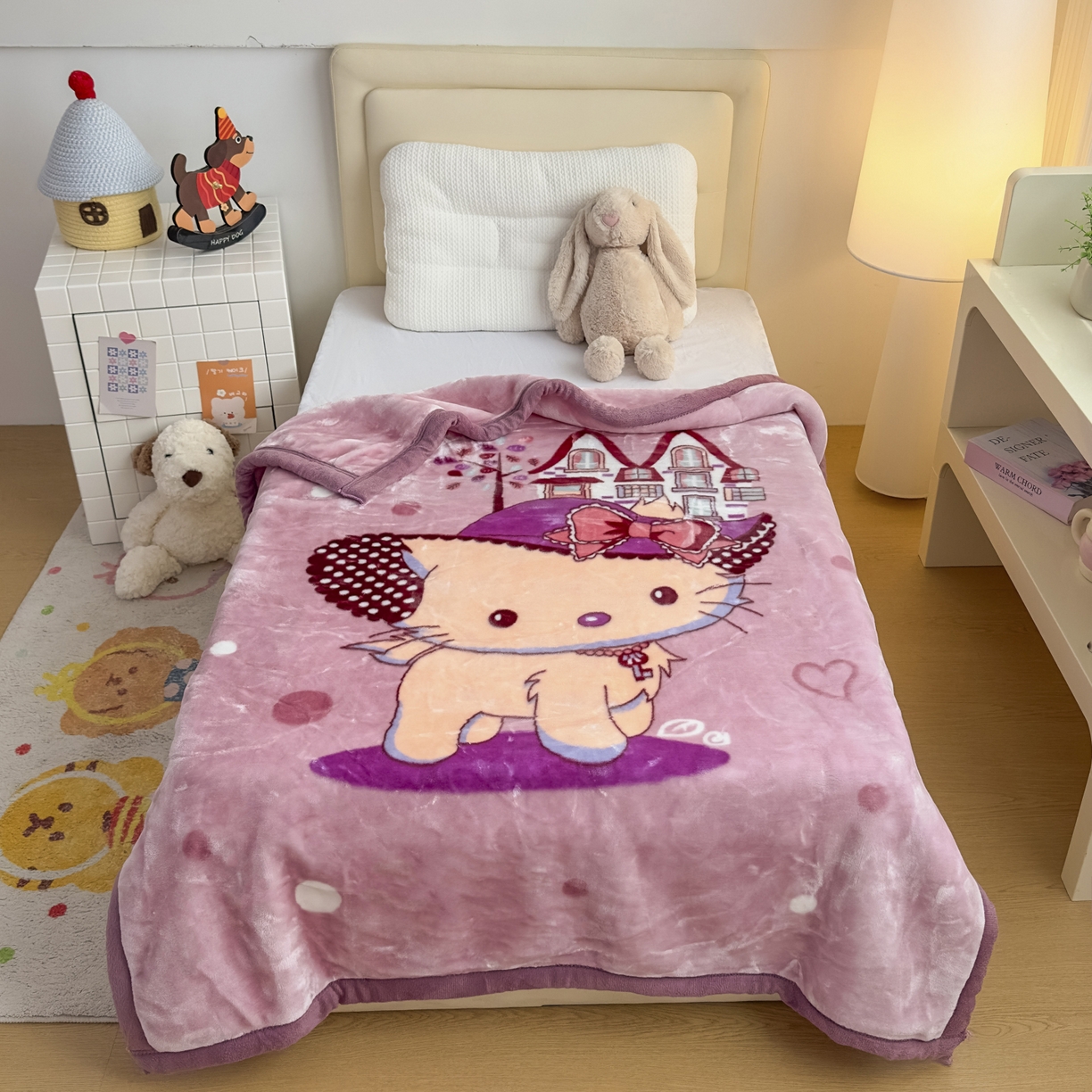 91家纺网 家纺一手货源 找家纺 爱彼家纺 2025冬季新款拉舍尔童毯毛毯毯子-系列二 拉舍尔童毯-kt猫紫