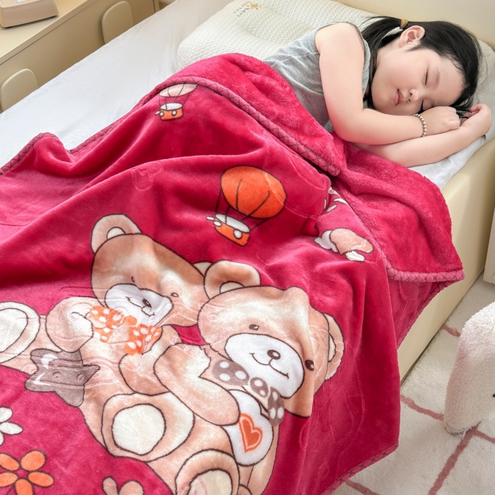 91家纺网 家纺一手货源 找家纺 爱彼家纺 2025新款拉舍尔单层云绒保暖柔软童毯盖毯毯子-系列三 单层云绒童毯-快乐小熊-红
