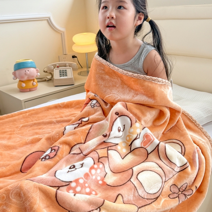 91家纺网 家纺一手货源 找家纺 爱彼家纺 2025新款拉舍尔单层云绒保暖柔软童毯盖毯毯子-系列三 单层云绒童毯-快乐小熊-浅咖