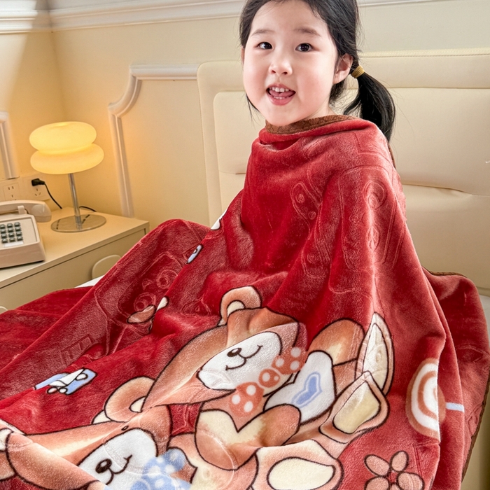 91家纺网 家纺一手货源 找家纺 爱彼家纺 2025新款拉舍尔单层云绒保暖柔软童毯盖毯毯子-系列三 单层云绒童毯-快乐小熊-玖红