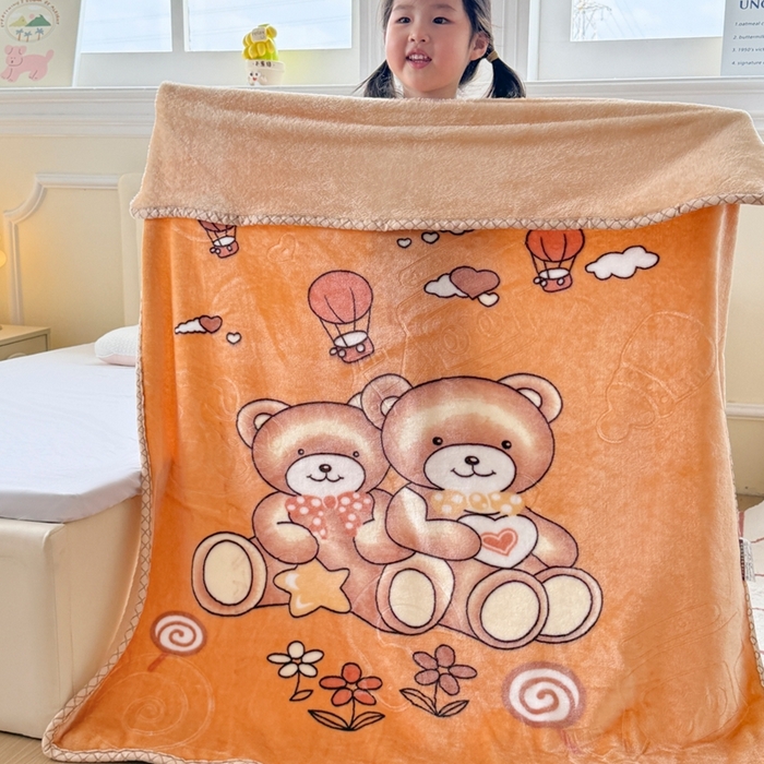 91家纺网 家纺一手货源 找家纺 爱彼家纺 2025新款拉舍尔单层云绒保暖柔软童毯盖毯毯子-系列三 单层云绒童毯-快乐小熊-浅咖