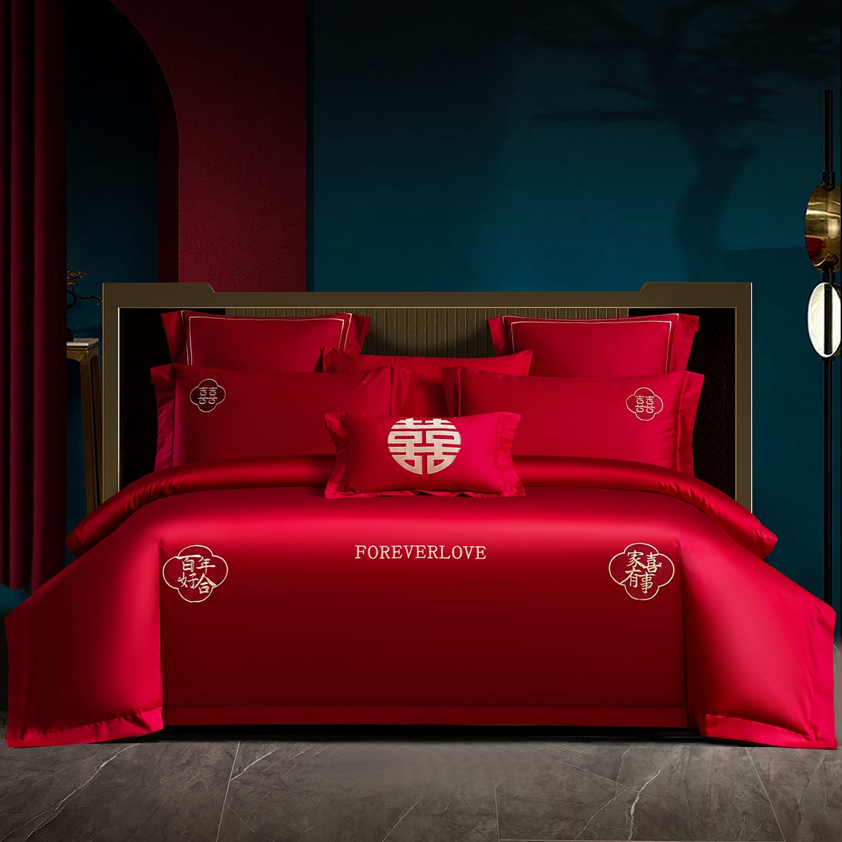 置顶家纺 2025新款新中式婚庆亲肤棉绣花四件套 好运纳福-大红