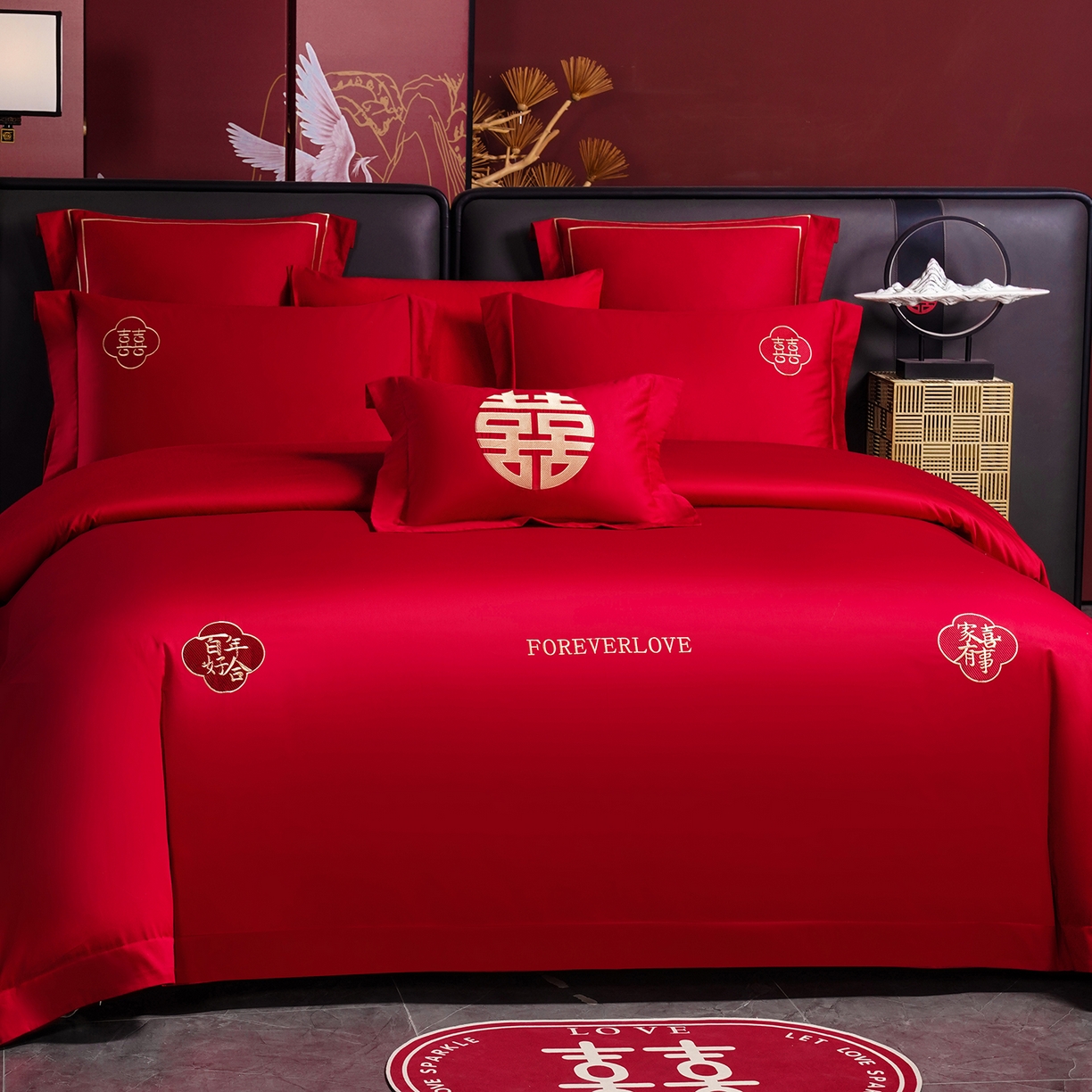 91家纺网 家纺一手货源 找家纺 置顶家纺 2025新款新中式婚庆亲肤棉绣花四件套 好运纳福-大红