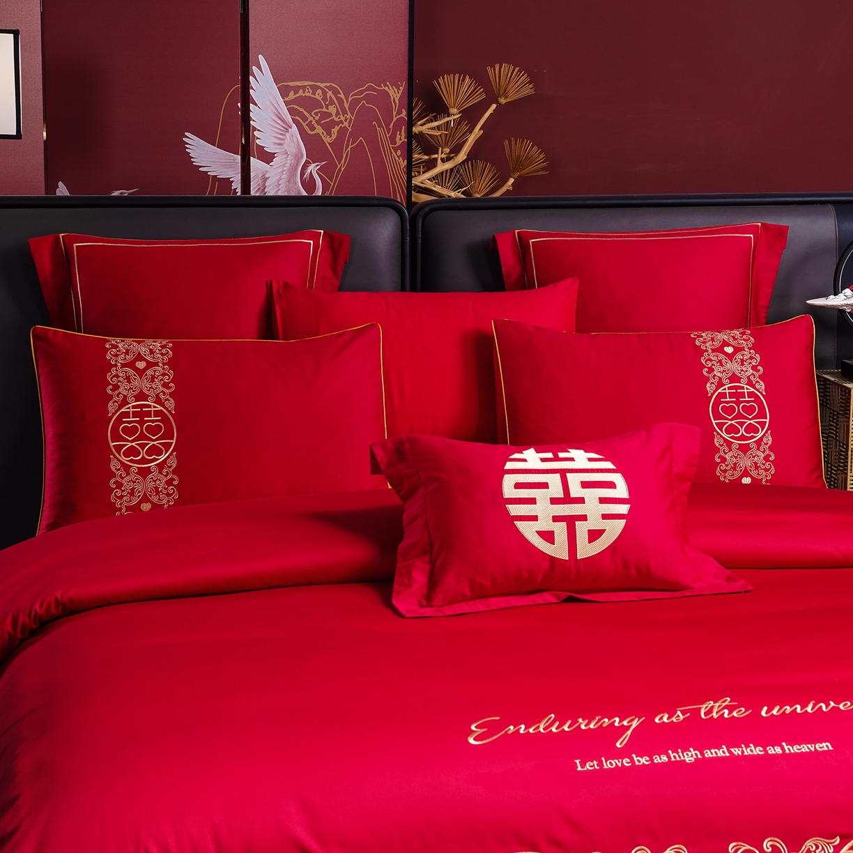 91家纺网 家纺一手货源 找家纺 置顶家纺 2025新款新中式婚庆亲肤棉绣花四件套 欢喜余生-大红