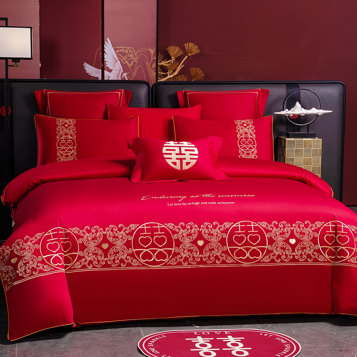 91家纺网 家纺一手货源 找家纺 置顶家纺 2025新款新中式婚庆亲肤棉绣花四件套 欢喜余生-大红