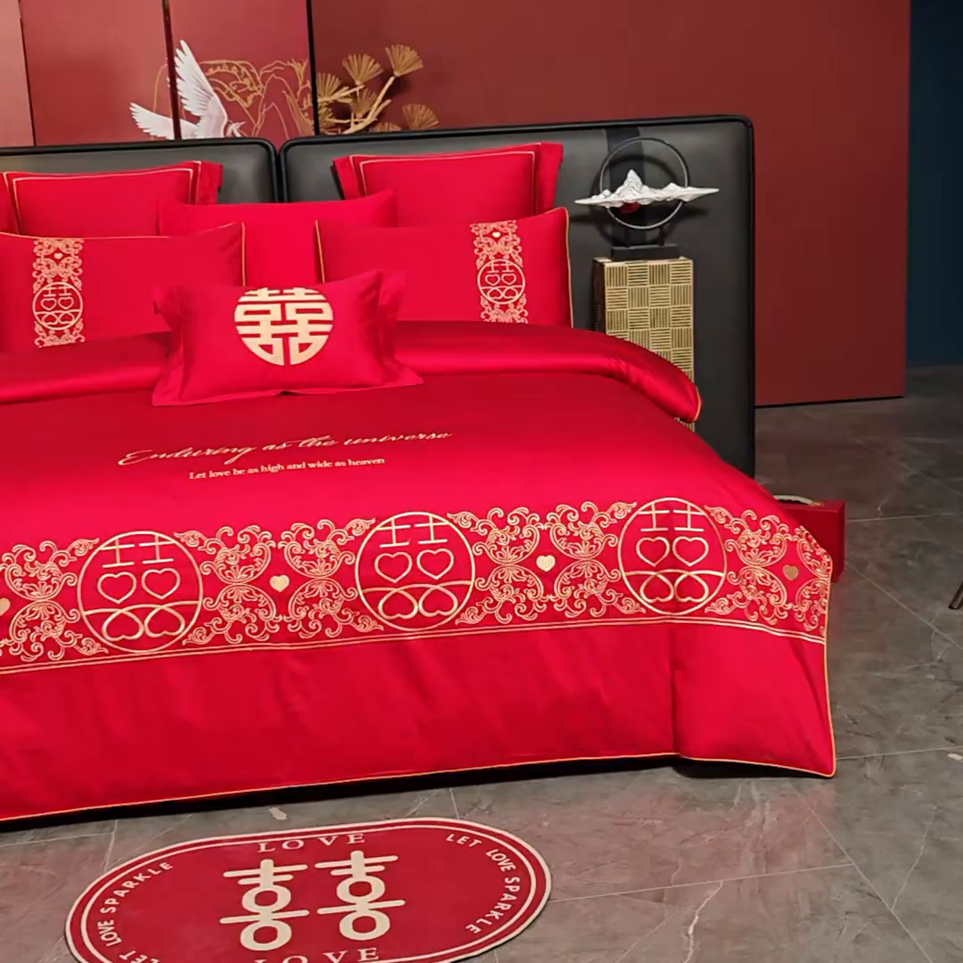 91家纺网 家纺一手货源 找家纺 置顶家纺 2025新款新中式婚庆亲肤棉绣花四件套 欢喜余生-大红