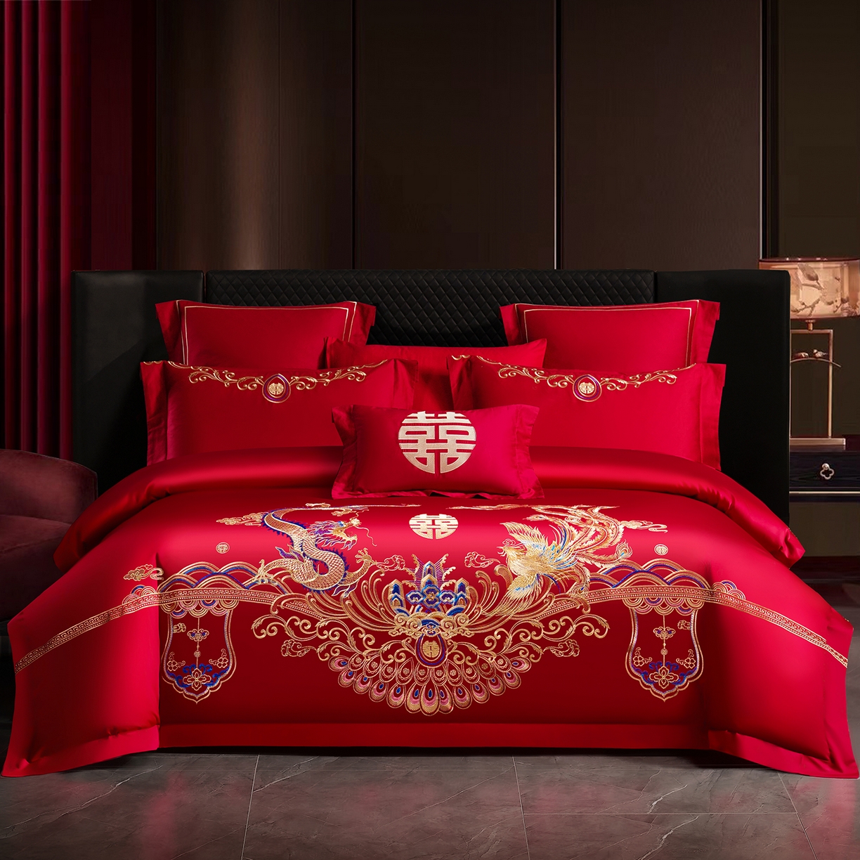 置顶家纺 2025新款新中式婚庆亲肤棉绣花四件套 欢喜龙凤-大红