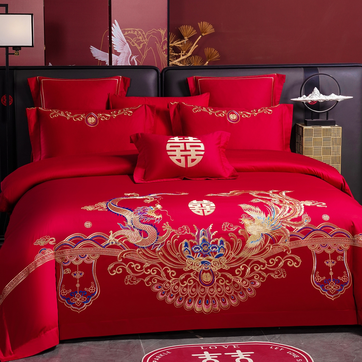 91家纺网 家纺一手货源 找家纺 置顶家纺 2025新款新中式婚庆亲肤棉绣花四件套 欢喜龙凤-大红