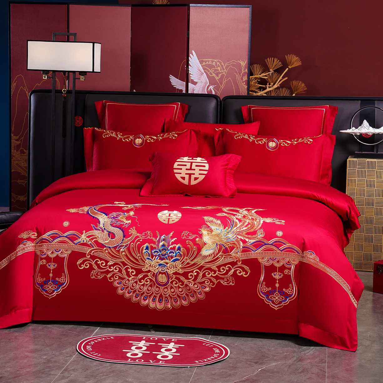 91家纺网 家纺一手货源 找家纺 置顶家纺 2025新款新中式婚庆亲肤棉绣花四件套 欢喜龙凤-大红