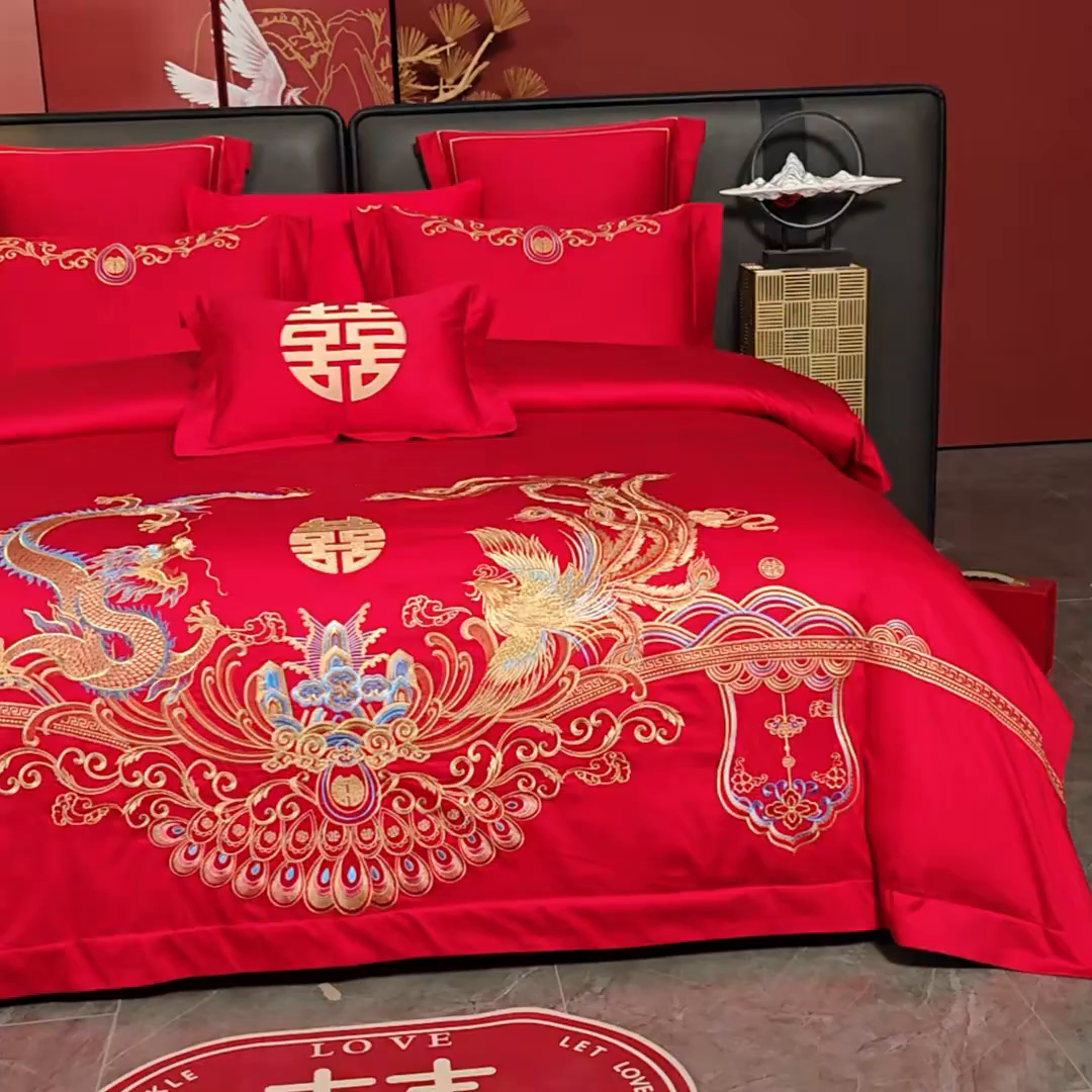 91家纺网 家纺一手货源 找家纺 置顶家纺 2025新款新中式婚庆亲肤棉绣花四件套 欢喜龙凤-大红