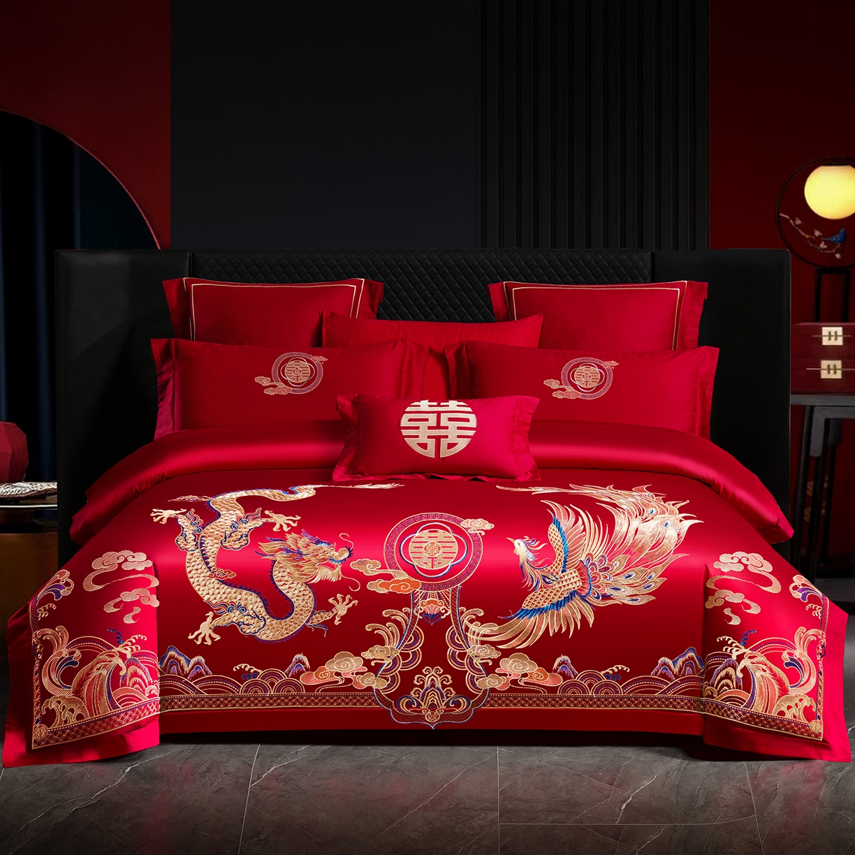 置顶家纺 2025新款新中式婚庆亲肤棉绣花四件套 龙凤大喜-大红