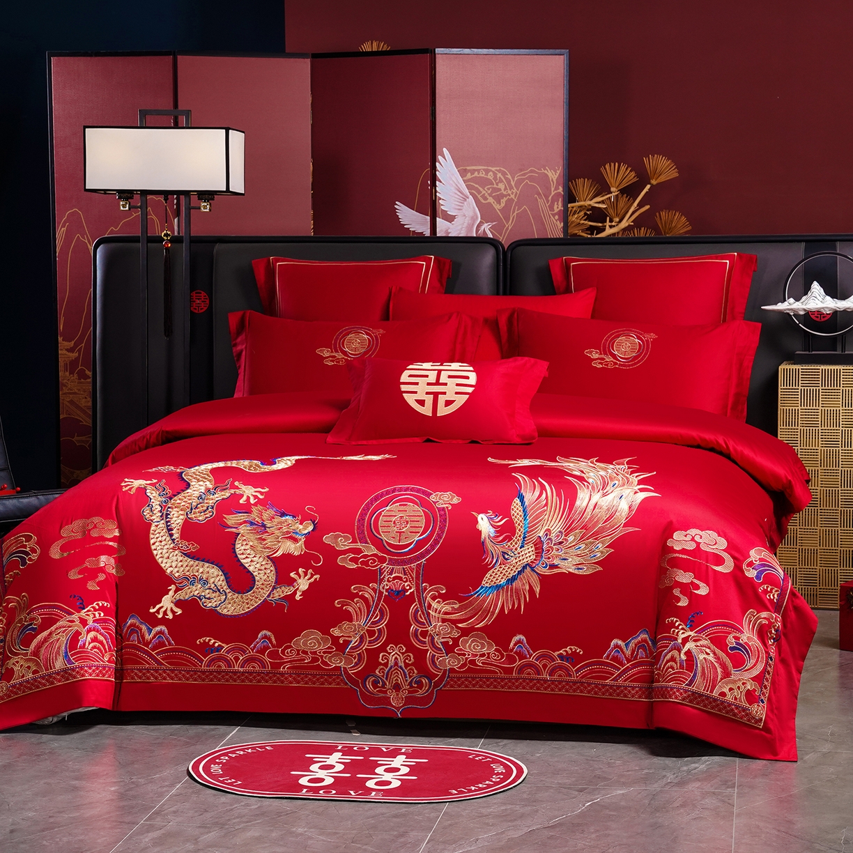 91家纺网 家纺一手货源 找家纺 置顶家纺 2025新款新中式婚庆亲肤棉绣花四件套 龙凤大喜-大红