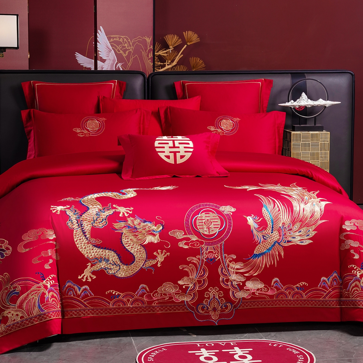 91家纺网 家纺一手货源 找家纺 置顶家纺 2025新款新中式婚庆亲肤棉绣花四件套 龙凤大喜-大红