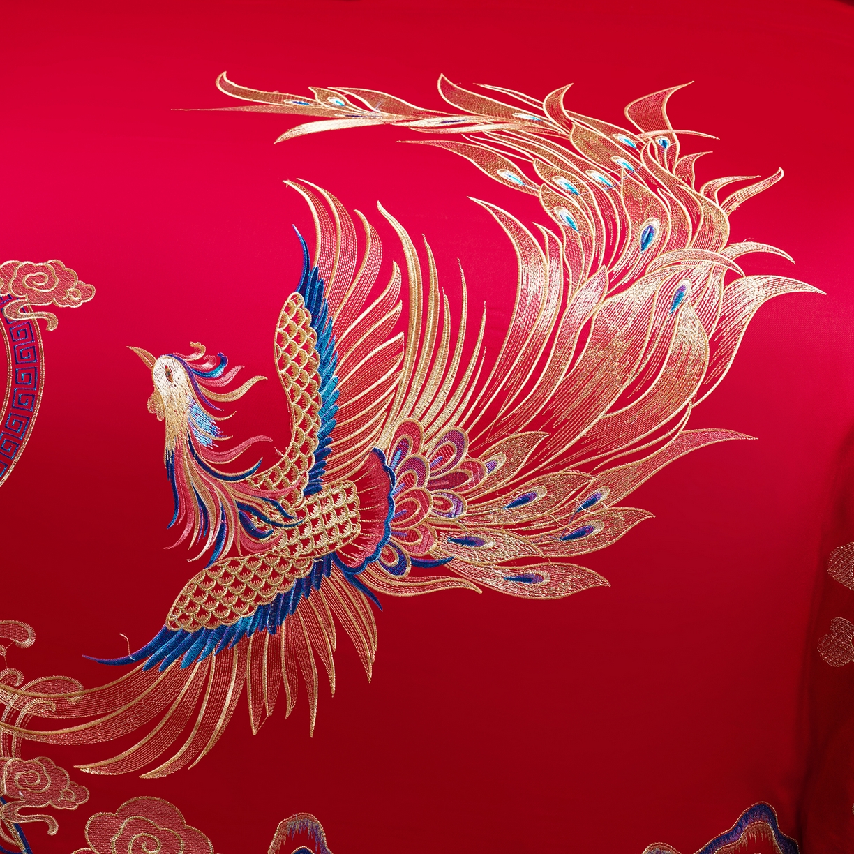 91家纺网 家纺一手货源 找家纺 置顶家纺 2025新款新中式婚庆亲肤棉绣花四件套 龙凤大喜-大红