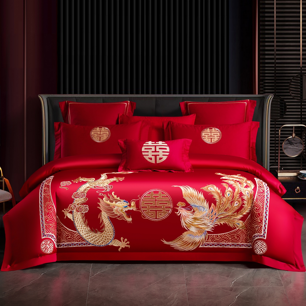 置顶家纺 2025新款新中式婚庆亲肤棉绣花四件套 龙凤祥瑞-金大红